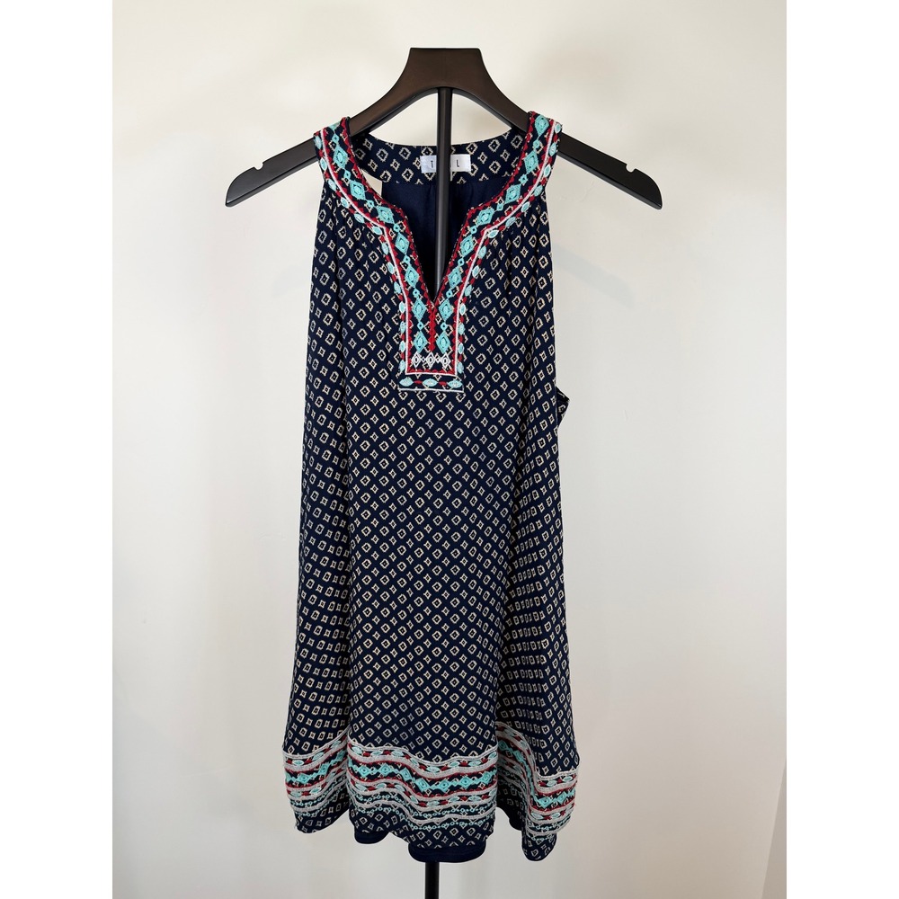 THML Navy Blue Embroidered Halter Top Geometric Print Sleeveless XL SF0032-N